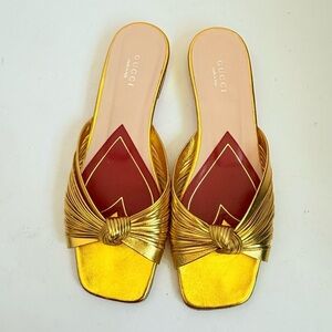 Gucci Metallic Gold Nappa Leather Crawford Knotted Flat slide sandals EU 38.5